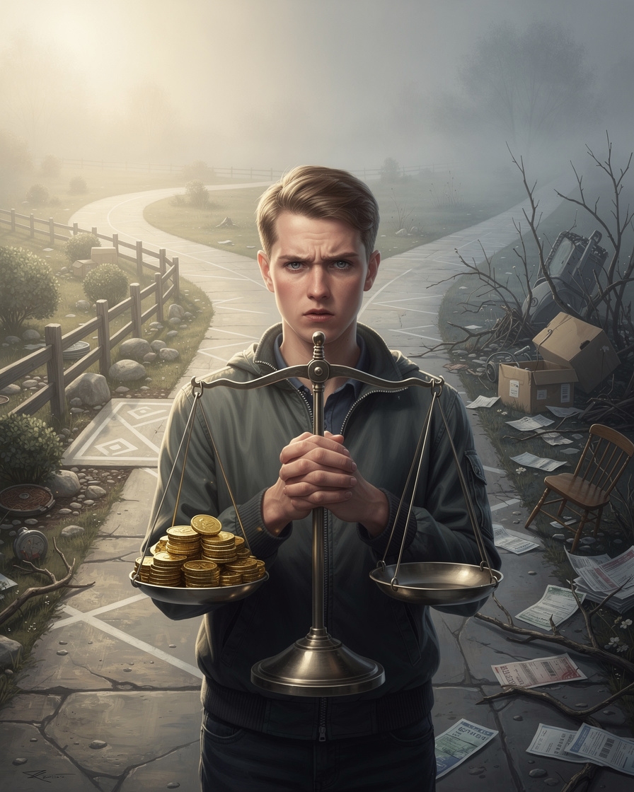 Человек на перепутье символизирует личностные особенности и отношение к долгам через контрастные пейзажи и весы.