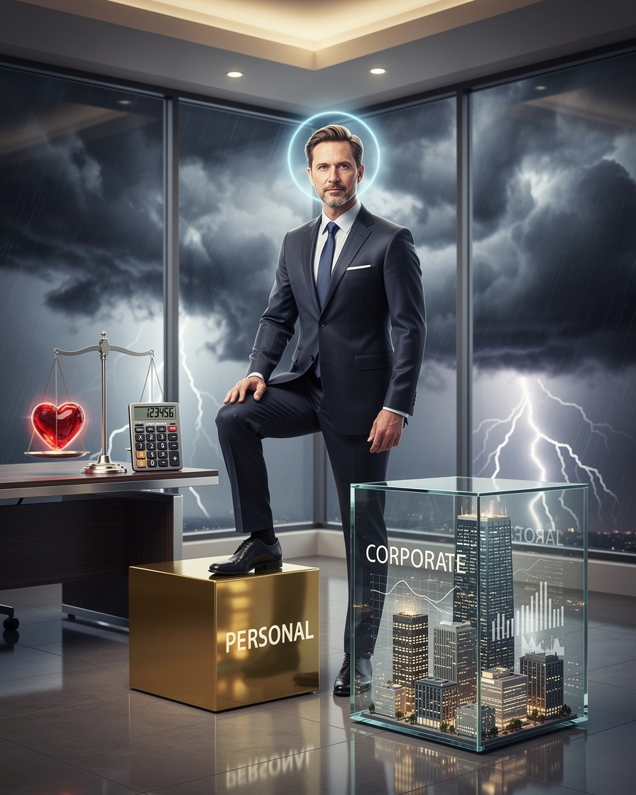 Бизнесмен сохраняет душевное равновесие, разделяя личные и корпоративные финансы в напряжённой деловой обстановке.