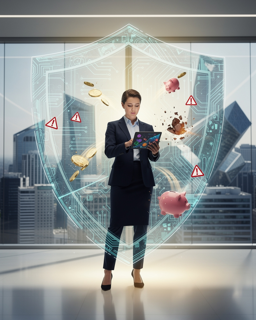 Профессионал в офисе защищается прозрачным щитом от финансовых рисков, символизируемых абстрактными опасностями, на фоне городского пейзажа.