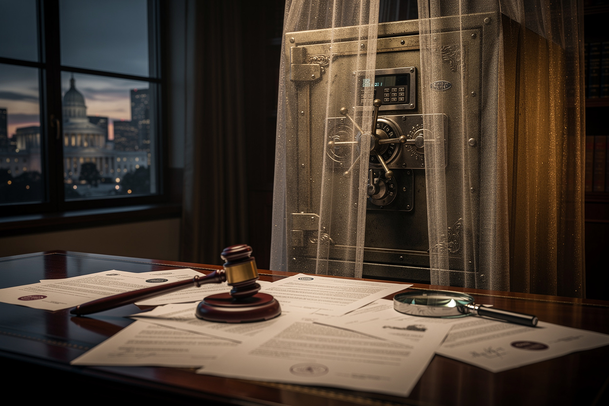 Скрытый сейф с юридическими документами в кабинете, символизирующий риски сокрытия активов при разводе.