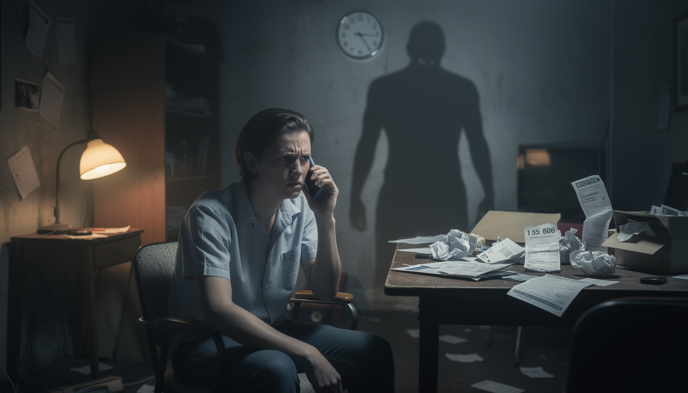 Человек в стрессовом состоянии от звонков коллекторов в ночной комнате