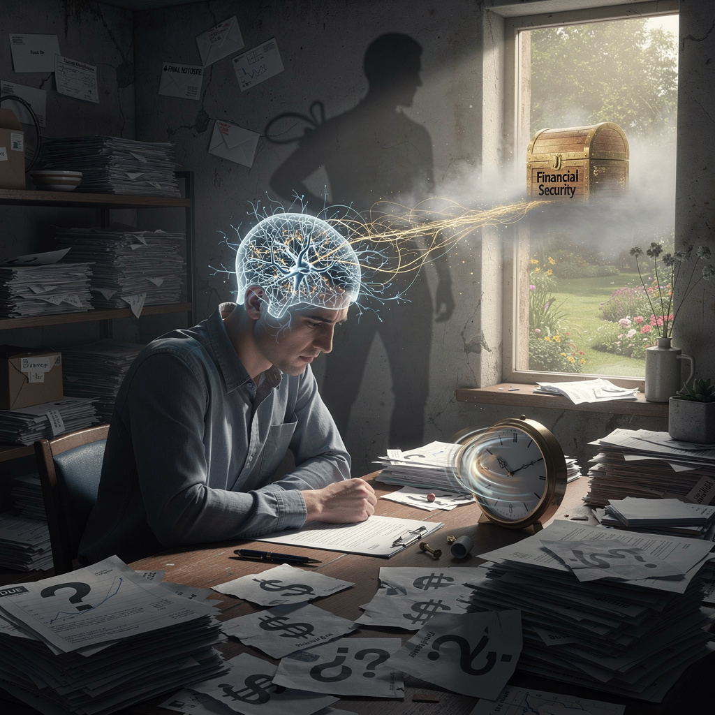 Концептуальное изображение человека с прозрачной головой, показывающее внутреннюю борьбу и откладывание финансовых решений в загромождённой комнате.