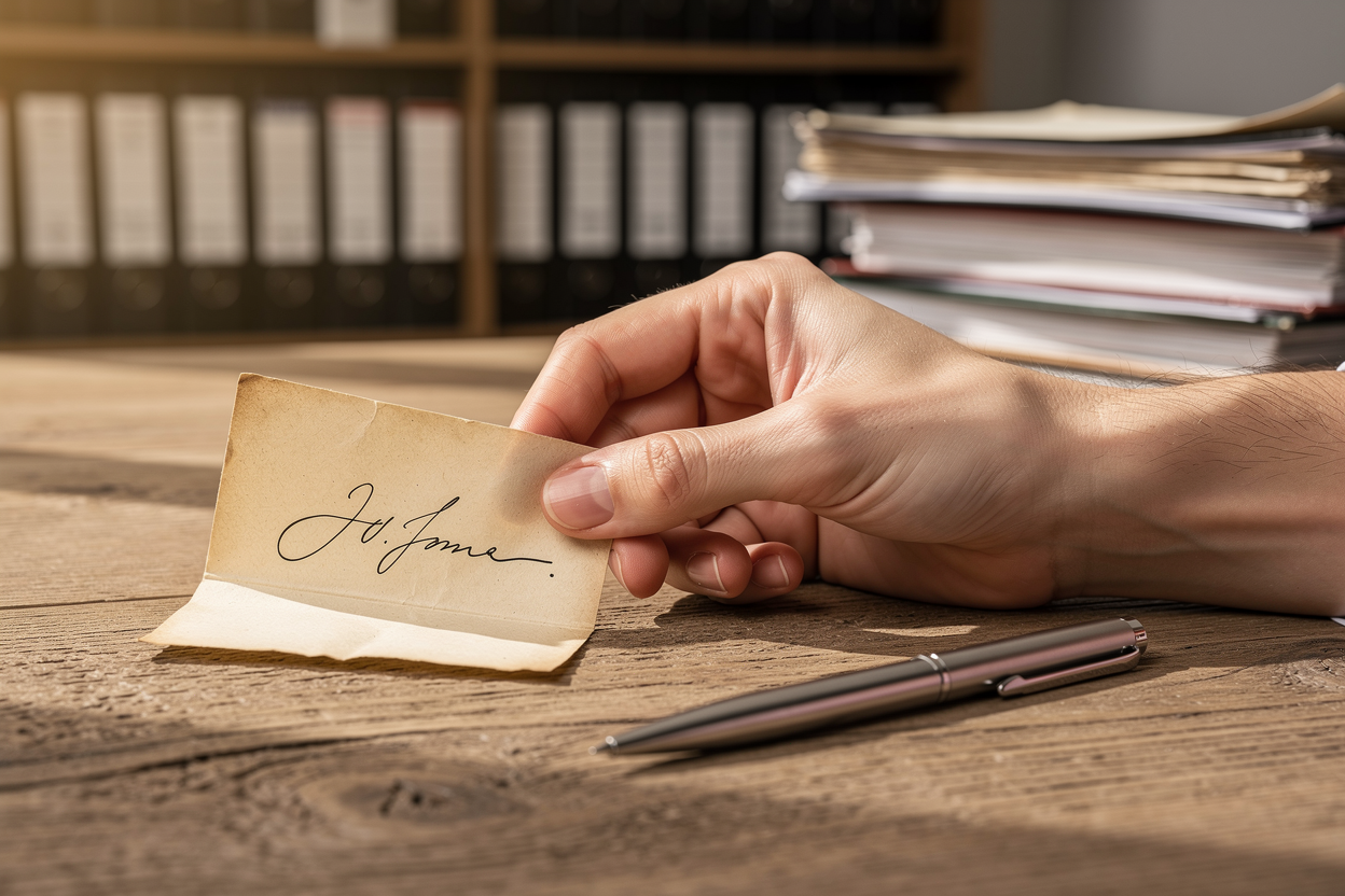 Рука держит старинную расписку рядом с ручкой на деревянном столе в офисе