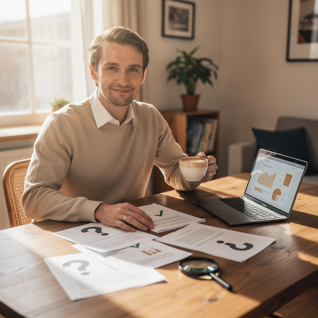 Человек за столом с документами и ноутбуком, символизирующий поиск ответов на вопросы по микрозаймам.