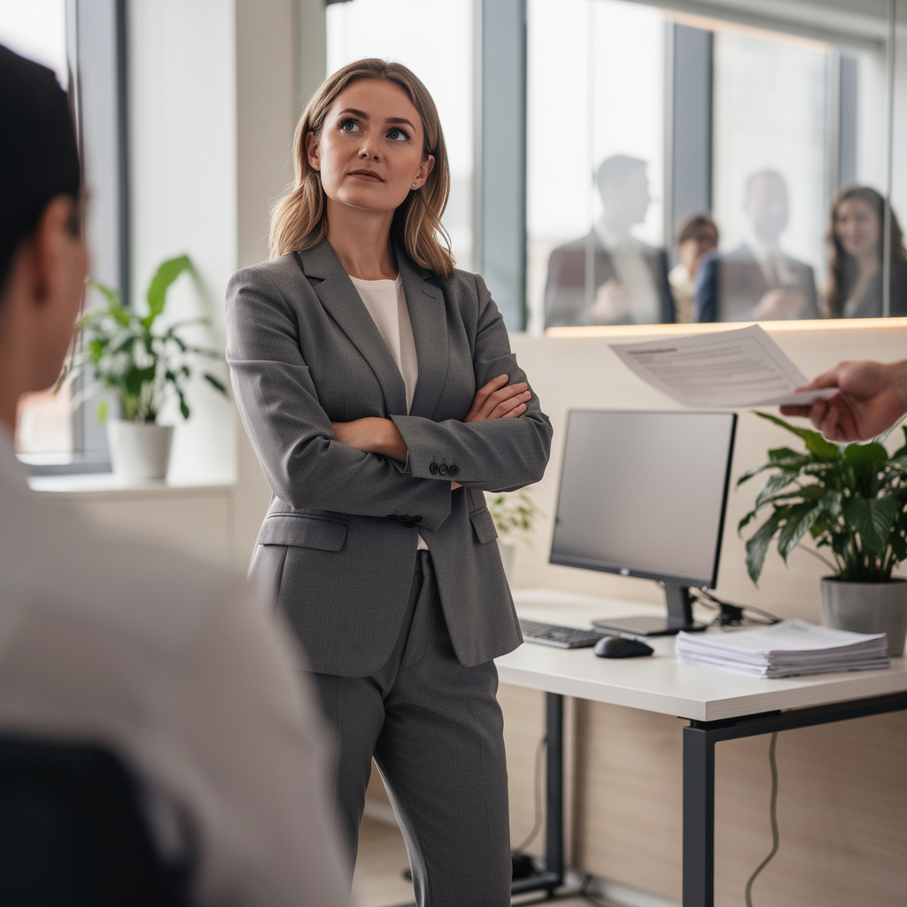 Человек в офисной обстановке демонстрирует уверенность и спокойствие, символизируя искусство вежливого отказа через позу и выражение лица.