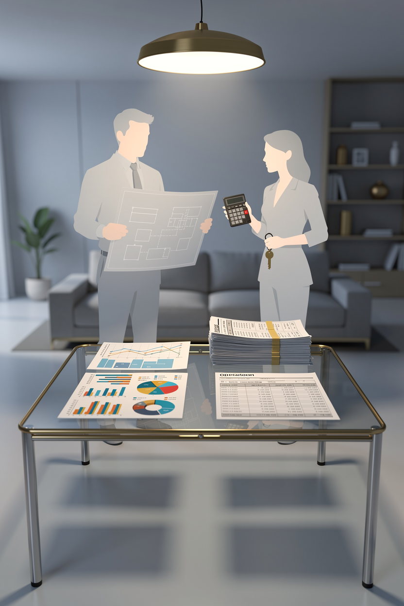 Два набора финансовых документов на стеклянном столе в современной гостиной, символизирующих распределение ролей в управлении деньгами, с силуэтами партнеров на фоне.