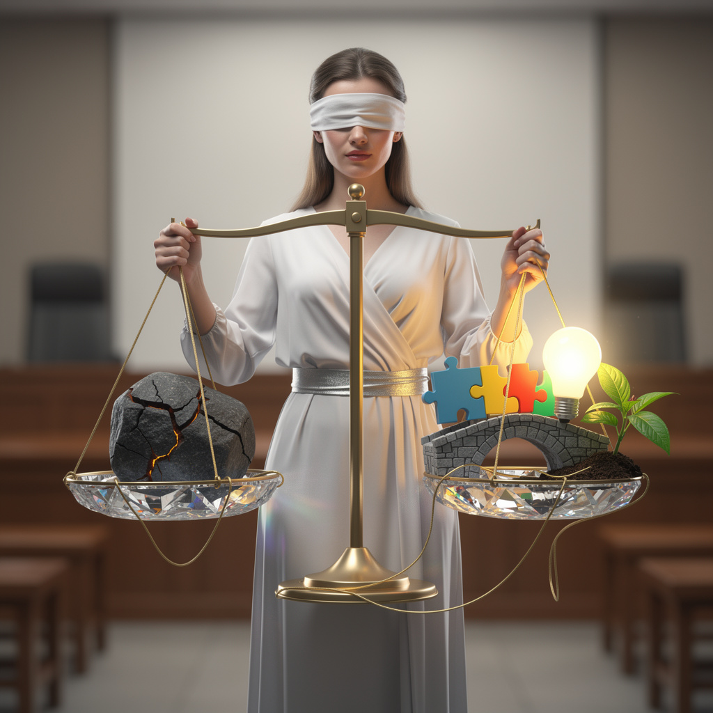 Символическое изображение весов правосудия с кристальными чашами, где одна сторона представляет правовые последствия, а другая — варианты решений, на фоне современного зала суда.