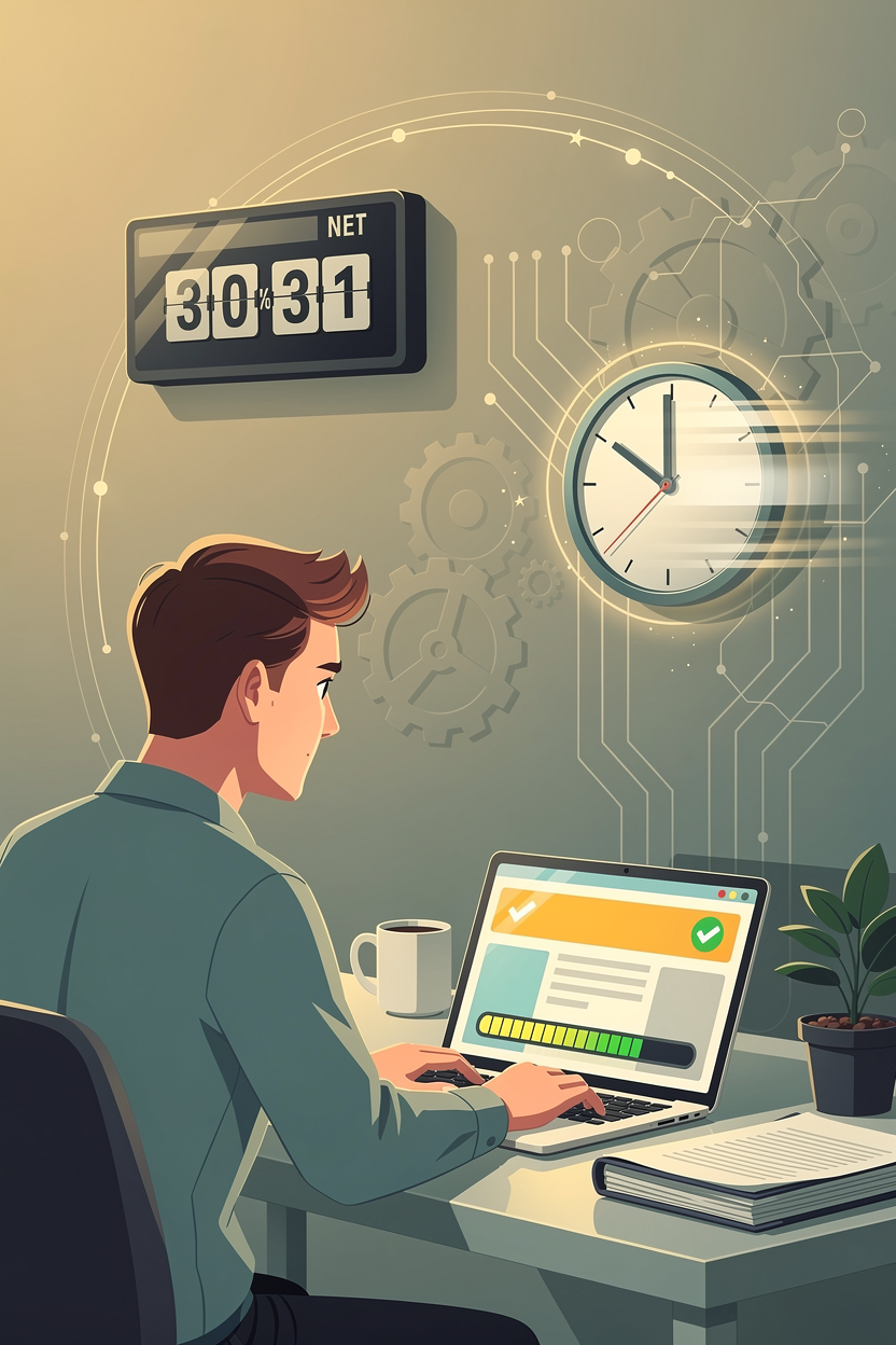 Человек за компьютером быстро получает одобрение на краткосрочный займ в ожидании зарплаты.