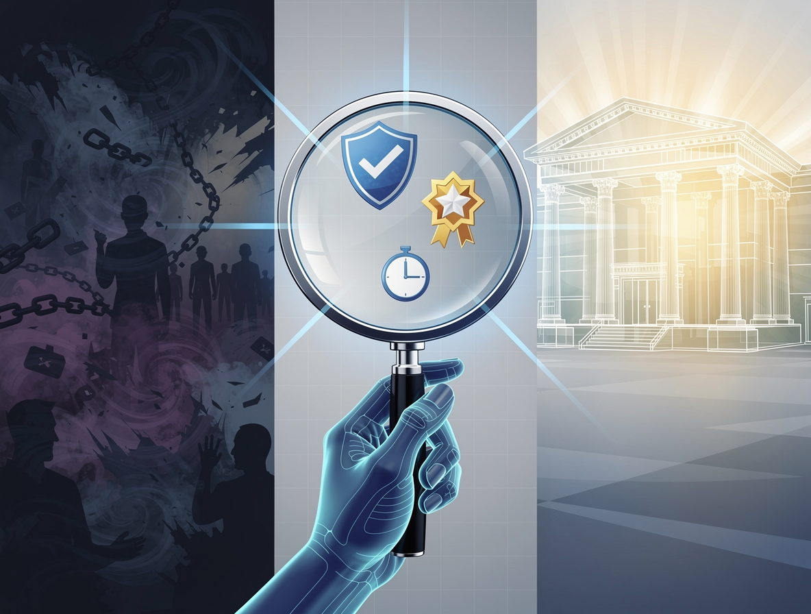 Символическое изображение выбора безопасного МФО: лупа в светящейся руке над финансовым ландшафтом с иконками безопасности и порядком.