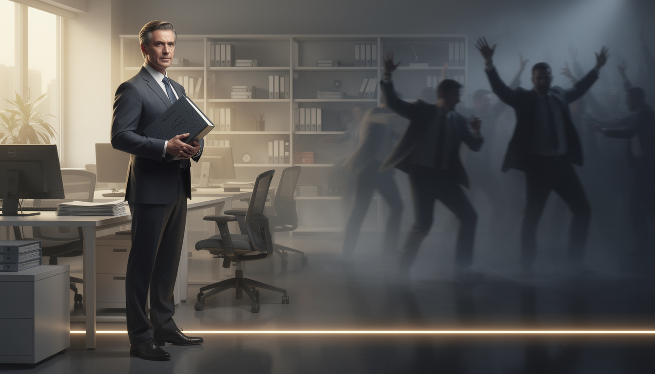 Профессиональный мужчина в деловом костюме стоит на границе между упорядоченным офисом и хаотичной сценой, символизируя правовые рамки деятельности коллекторов.
