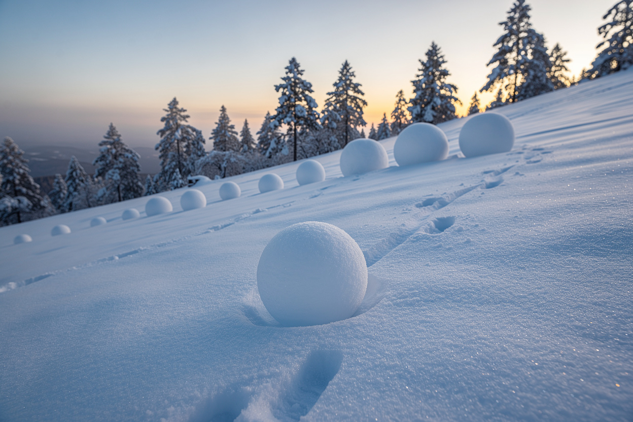 Визуальная метафора метода снежного кома для уменьшения долгов: маленький снежок катится по склону, постепенно увеличиваясь и сливаясь в большой снежный ком на фоне зимнего пейзажа.