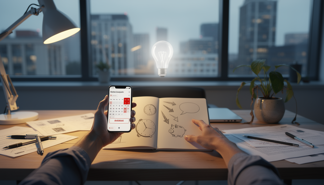 Иллюстрация человека в офисе, обдумывающего варианты действий при невозможности вернуть займ вовремя, с символами времени, денег и общения.