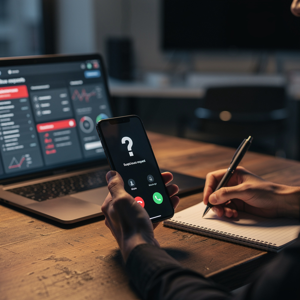 Рука держит телефон с входящим вызовом, на столе ноутбук с предупреждением о подозрительном запросе, символизируя алгоритм действий при угрозах.