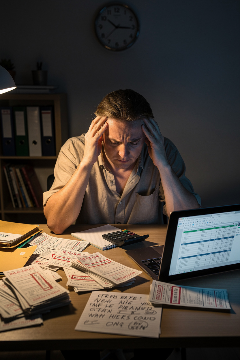 Человек в стрессе за столом с кучей долговых бумаг, символизирующий необходимость обращения за профессиональной помощью по долгам.