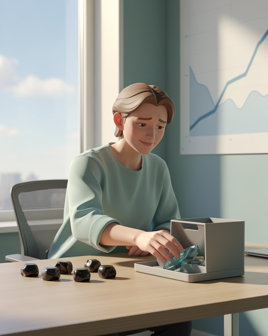 Человек в офисе объединяет несколько дорогих займов в один выгодный кредит, символизируя рефинансирование и снижение долговой нагрузки.