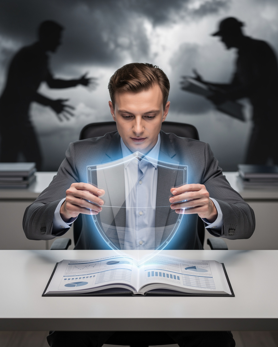 Защита кредитной истории: человек устанавливает прозрачный щит над цифровой книгой, блокируя негативные последствия.