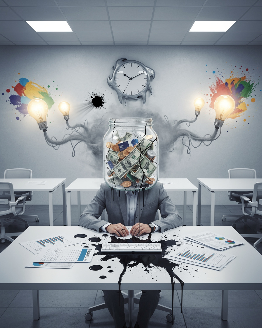 Офисный работник с головой в виде стеклянной банки, заполненной денежными символами, из которой вытекает темная жидкость, заглушающая творческие идеи в стерильном офисе.