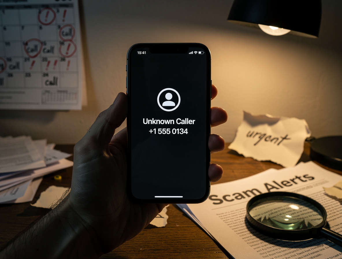 Рука человека держит смартфон с подозрительным номером на экране, на фоне домашнего офиса с признаками мошенничества.