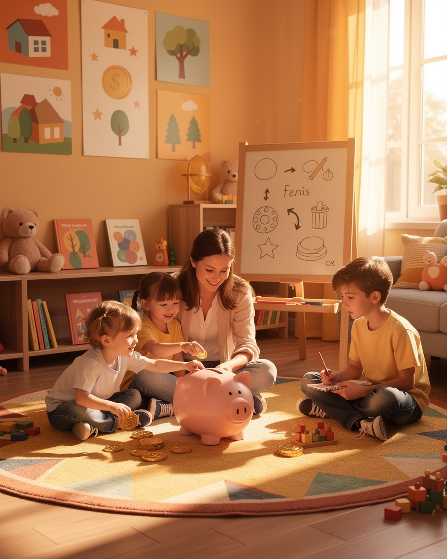 Группа детей разных возрастов обсуждает финансы с взрослым в уютной комнате, используя игрушки и визуальные пособия.