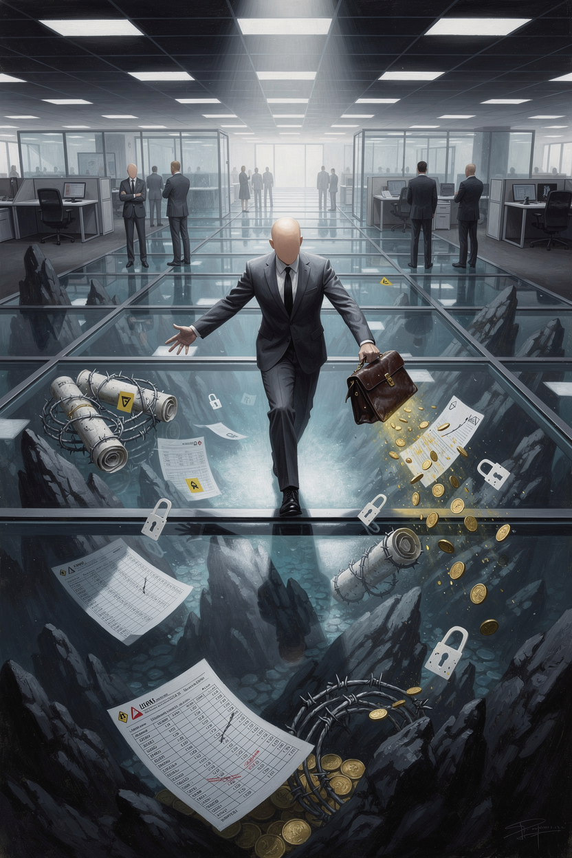 Сюрреалистичное изображение опасного пути в офисе с подводными камнями в виде финансовых рисков и низкой вовлеченности сотрудников.