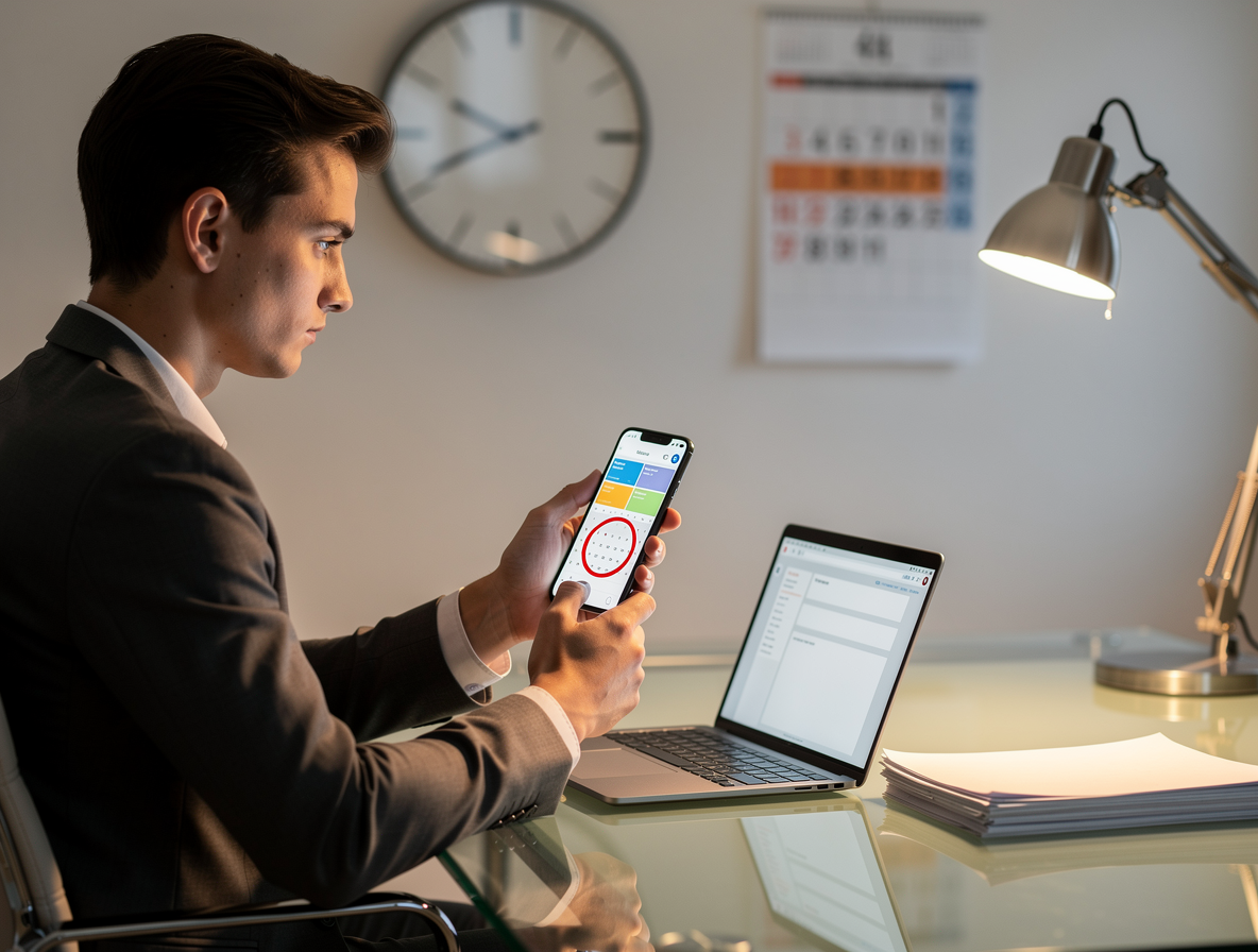 Профессионал в современном офисе планирует финансы с помощью смартфона и календара.