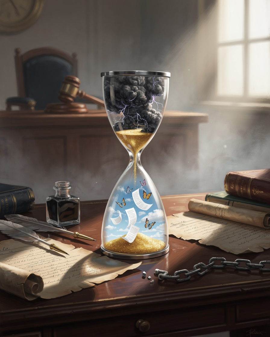 Символическое изображение процесса списания долгов: песочные часы с хаотичным верхом и спокойным низом на фоне юридических документов.