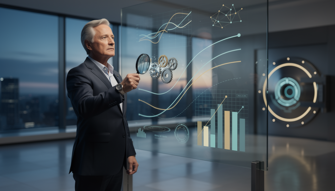 Финансовый стратег анализирует диаграммы рисков и долгосрочного планирования в современном офисе