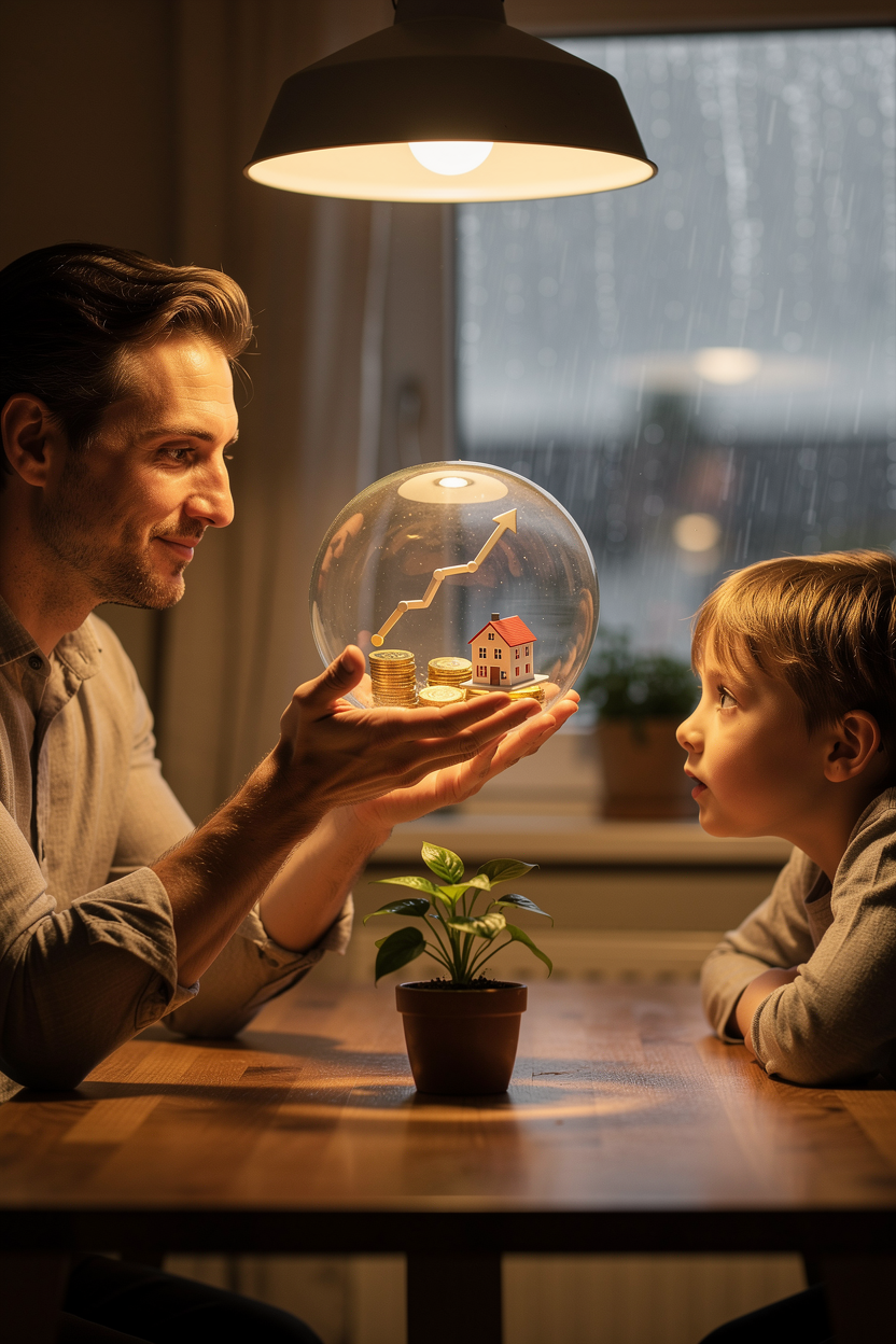 Родитель и ребенок за столом в уютной обстановке, обсуждая финансовые вопросы с уверенностью и спокойствием.