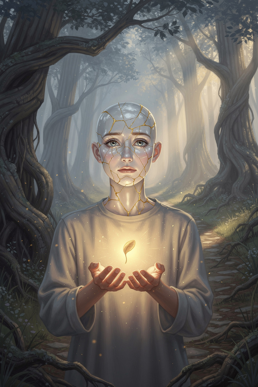 Человек с треснутым лицом из стекла держит светящееся семя, символизируя осознание ущерба и отказ от самообвинений в зачарованном лесу.