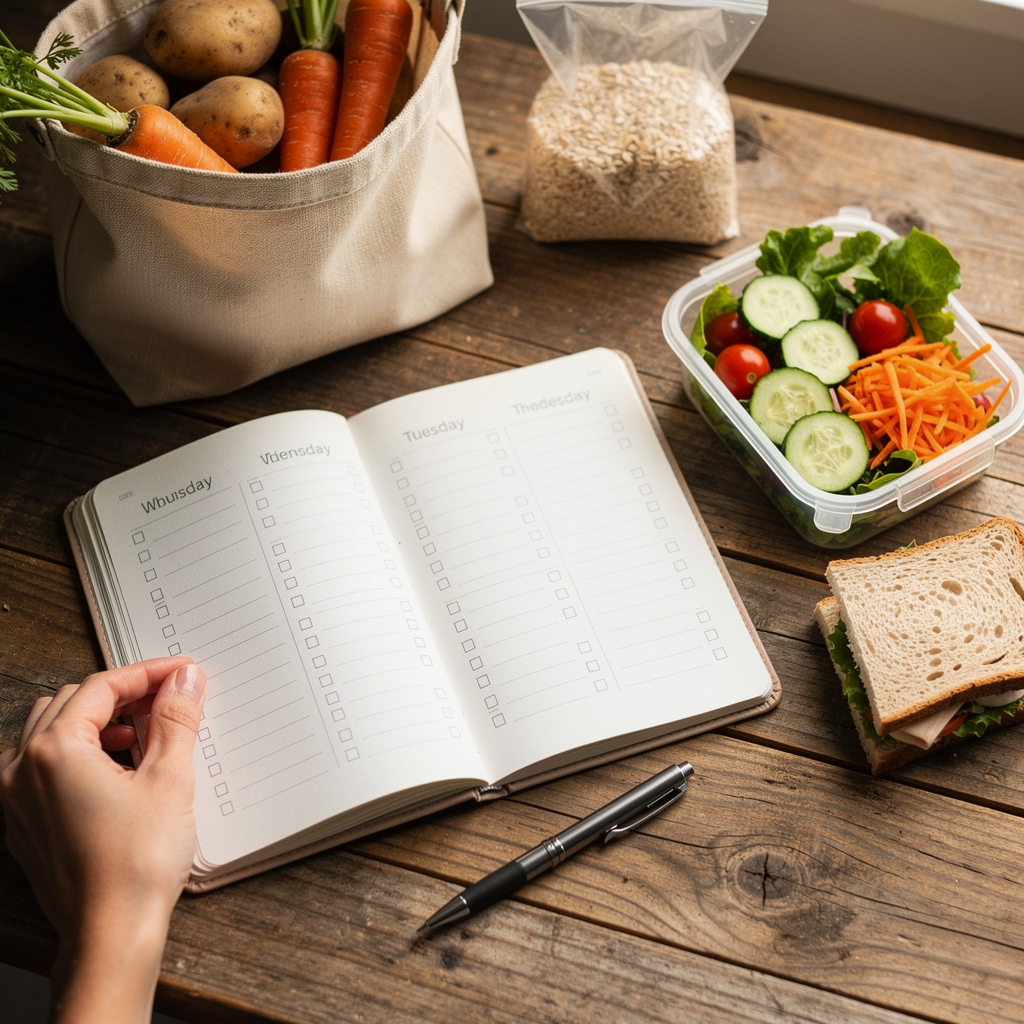 Рука держит еженедельный план питания на кухонном столе с домашним обедом и бюджетными продуктами.