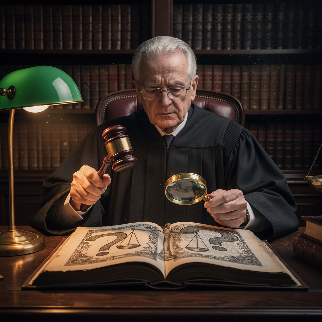 Пожилой судья в библиотеке изучает юридические книги с символами правосудия.